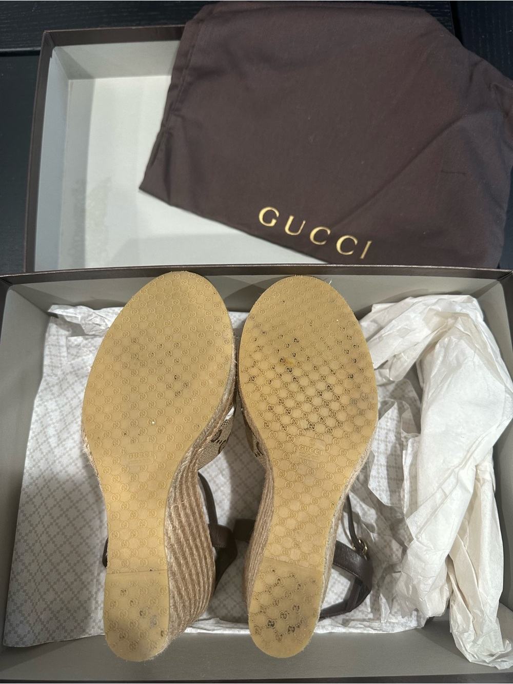 Gucci Tan and Brown Wedge Sandals - Picture 13 of 13